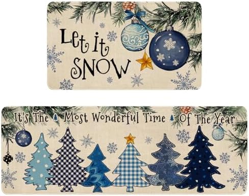 Winter Kitchen Rugs and Mats Set of 2,Let It Snow Blue Christmas Pine Trees Balls Ornament Snowflakes Winter Holiday Sink Mat Non Skid Washable for Home Farmhouse Floor Decor 17"x47"+17"x30"