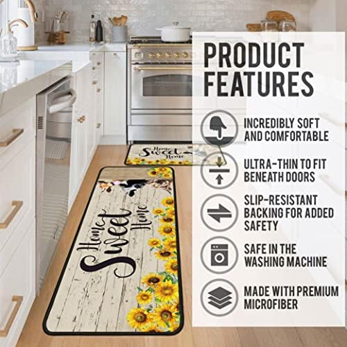 Cow Sunflower Kitchen Rug for Floor 2 Piece Sets, Home Sweet Home Kitchen Rugs, Cow Kitchen Mats in Front of Sink and Sunflower Kitchen Mat for Standing for Kitchen Decor 17"X30"+17"X47"