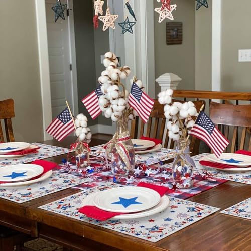 4th of July Placemats Set of 6, Patriotic Stars Fireworks Heat Resistant Washable Dining Table Mats Summer Farmhouse Decor for Kitchen&Table Linens Outdoor Indoor, Red White and Blue American Flag