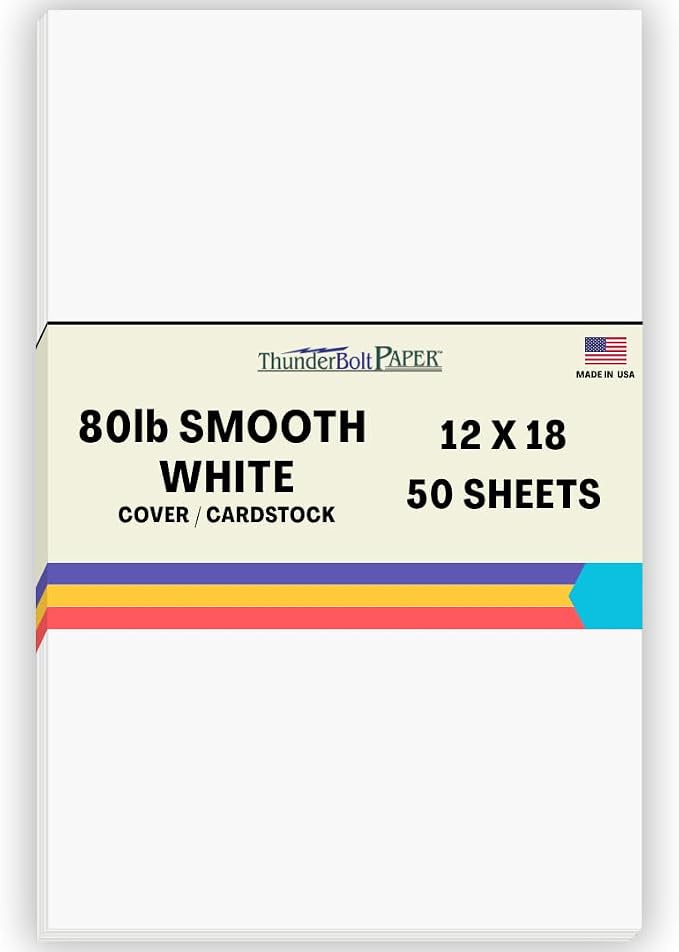 50 Bright White Smooth Card Paper Sheets - 12" X 18" (12X18 Inches) Large|Poster Size - 80# (80 lb/Pound) Cover Weight - Quality Paper for Consistency in Print as a Result of The Smooth Finish