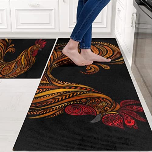 Rooster Kitchen Rugs and Mats for Floor 2 Piece Sets, Farmhouse Rooster Kitchen Rug, Black Chicken Kitchen Mat in Front of Sink for Standing for Country Kitchen Decor 17"X30"+17"X47"