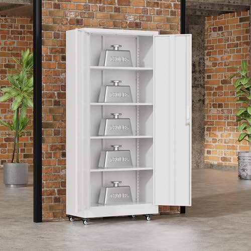 Greenvelly 73" Metal Storage Cabinet with Wheel, Lockable White Metal Garage Cabinets with 2 Doors and 4 Adjustable Shelves, Rolling Steel Tool Cabinet for Garage, Home Office, School