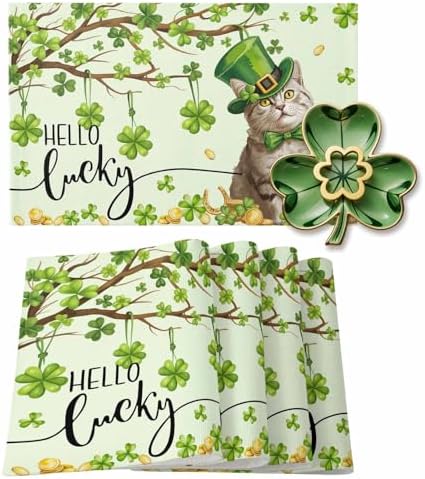 Lucky Cat St. Patrick's Day Placemats Set of 6, Green Spring Shamrocks Tree Heat Resistant Washable Dining Table Mats Spring Holiday Farmhouse Decor for Kitchen&Table Linens Outdoor Indoor