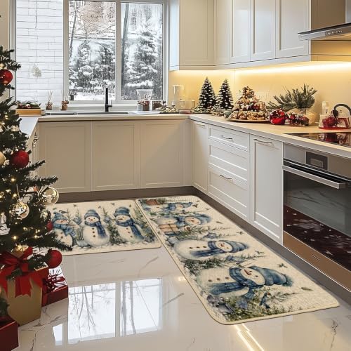 Baccessor Christmas Kitchen Rugs Set of 2 Blue Snowman 17x29 and 17x47 Inch