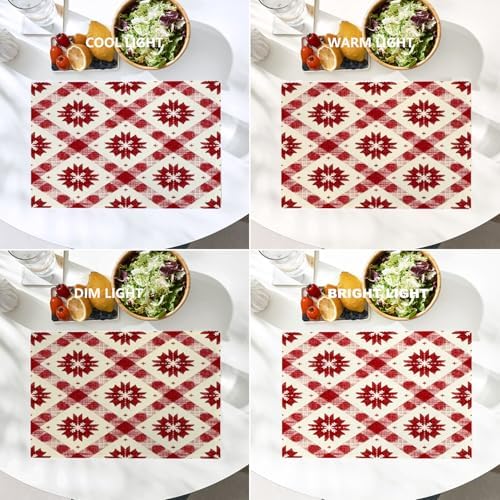 Batmerry Buffalo Check Snowflakes Linen Placemats Set of 4, Christmas Red Ivory Pattern Washable Table Mats for Kitchen Table Thickened Heat Insulation Dining Set Indoor Outdoor 12X18 in