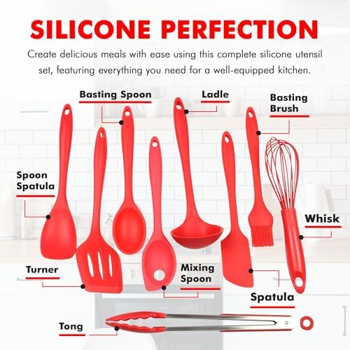Chef Craft Premium Silicone Kitchen Tool and Utensil Set, 9 Piece, Red