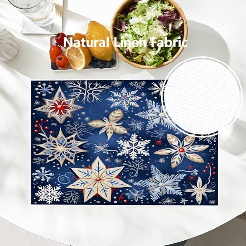 Batmerry Christmas New Year Linen Placemats Set of 4, Snow Red Fruit Blue Background Washable Table Mats for Kitchen Table Thickened Heat Insulation Dining Set Indoor Outdoor 12X18 in