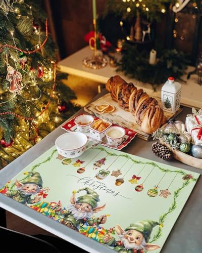 Merry Christmas Placemats Set of 4, Green Christmas Gnome Elf Heat Resistant Washable Table Place Mats Xmas Balls Cotton Table Linens Party Holiday Decor for Kitchen Dining Outdoor Indoor