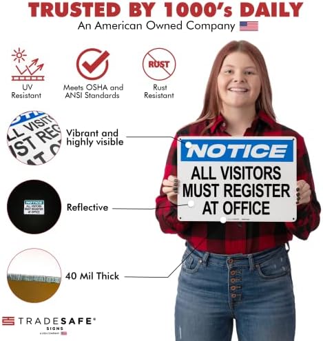 TRADESAFE All Visitors Must Register At Office - Aluminum Safety Sign, Quick Install Signs for Business, Light Reflective, UV-Resistant 14” X 10” Visitor Sign In Metal Signs