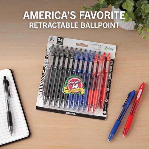 Zebra Pen Z-Grip Retractable Ballpoint Pen, Black, Blue, Red, 1.0mm, 24-Pk