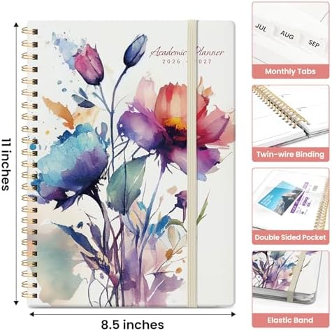 Planner 2026-2027, Jul 2026-Jun 2027 Academic Monthly & Weekly Planner | 8.5" x 11" Hardcover Pretty Calendar Planner for Women, Spiral Organizer for School Office Home Supplies, Painted Bloom