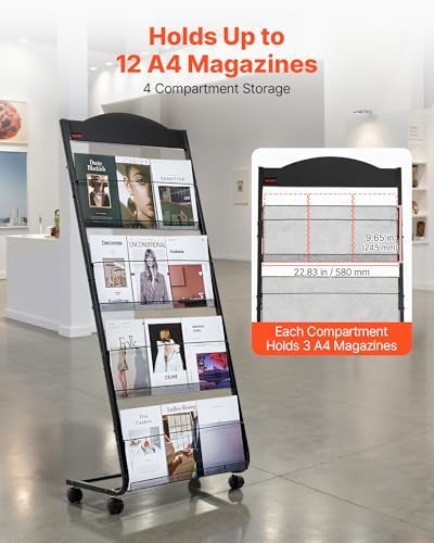 VEVOR Brochure Display Rack, 4-Tier Magazine Literature Display Stand with Wheels, Movable Floor Standing Magazine Rack, Heavy Duty Newspaper Catalog Holders for Shop Exhibitions Office Craft Fairs