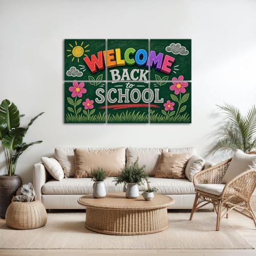 6 Pack Art Acoustic Panels Sound Absorbing Welcome Back to School Chalkboard Art Colorful Letters Floral Details Decorative Soundproof Wall Panels Self Adhesive for Home Recording Studios 72"x48"