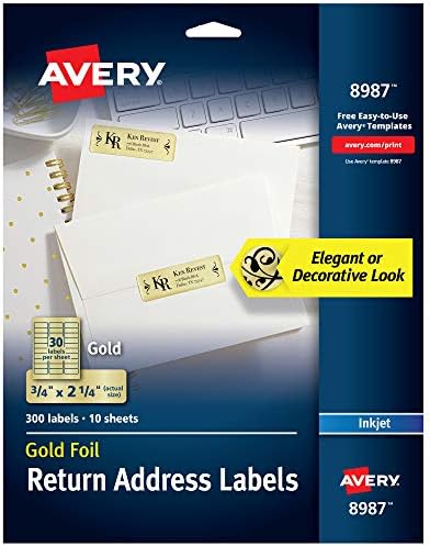Avery Gold Address Labels for Inkjet Printers, 3/4" x 2-1/4", 300 Labels, 5 Packs (8987)