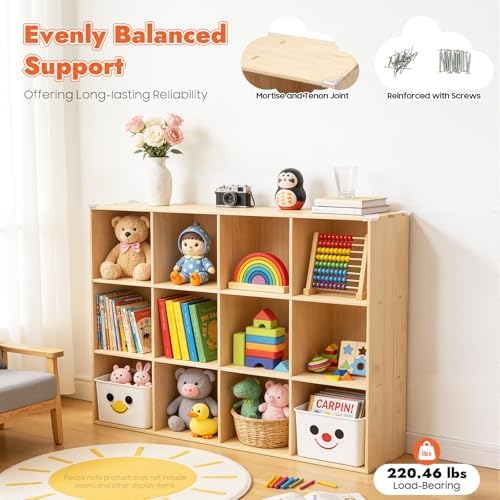 12 Cube Storage Organizer - Solid Wood Bookshelf - Cube Shelf - Vertical or Horizontal Bookcase - Open Book Shelf - Easy Assembly for Bedroom, Living Room, Office