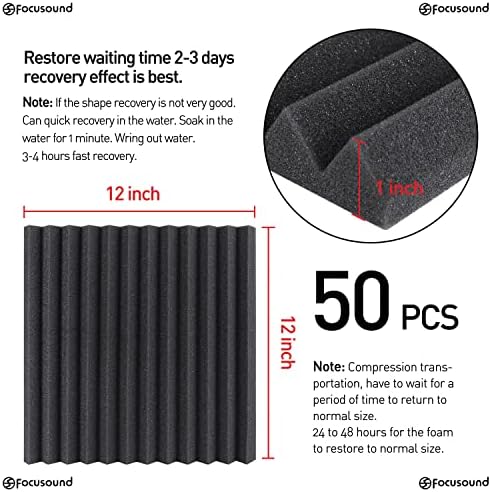 Focusound 50 Pack Acoustic Foam Panels 1" x 12" x 12" Sound Proof Foam Panles Soundproofing Noise Cancelling Wedge Panels for Home Office Recoding Studio with 300PCS Double-Side Adhesive