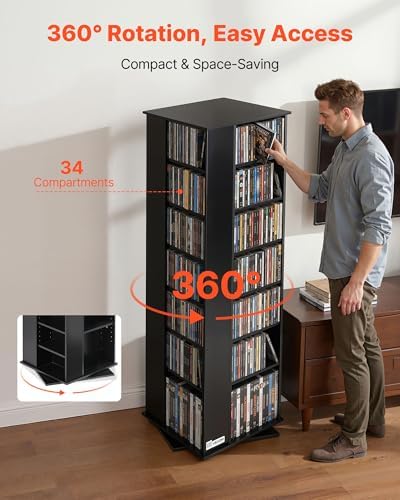 VEVOR Media Storage Cabinet, CD Rack Tower, 34 Compartments Rotating Media Tower Rack for CDs, DVDs, Books and Game Discs, DVD Stand for Living Room, Home Office and Recording Room, Black