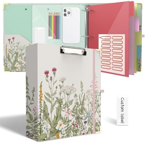 3 Ring Binder 2 Inch for Letter Size 8.5" x 11" Paper, Clipboard Binder with 5 Tabbed Dividers with Pockets, Plastic Folder and 40 Divider Stickers, School and Office Supplies, Garden Flowers