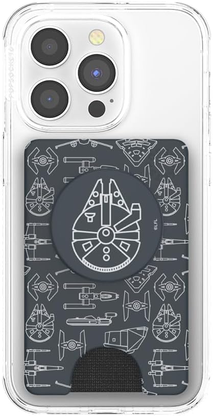 PopSockets Adhesive Phone Wallet with Grip- Millennium Falcon | PopWallet, Holds 3-5 Cards, Swappable Top, Kickstand, Star Wars, Grogu, Men, Boys