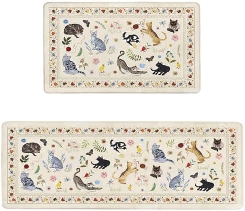 Boho Cushioned Anti Fatigue Mats for Kitchen Floor,Farmhouse Beige Floral Animal Cat Non-Slip Water Resistant Runner Comfort Foam Standing Rugs Non Skid for Home Sink,Office,Laundry 17"x47"+17"x30"