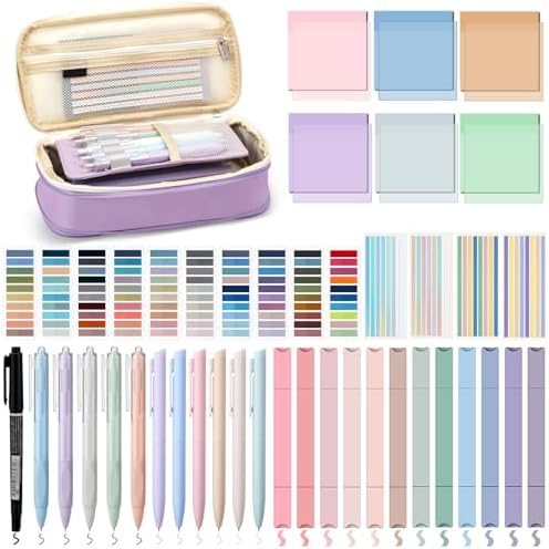 135 Pcs Book Annotation Kit with Pencil Case, 12 Pastel Highlighters, 11 Gel Pens, Fine Marker, 300 Transparent Sticky Notes, 2640 Index Tabs, Bible Study Supplies Kit(Classic,Purple)