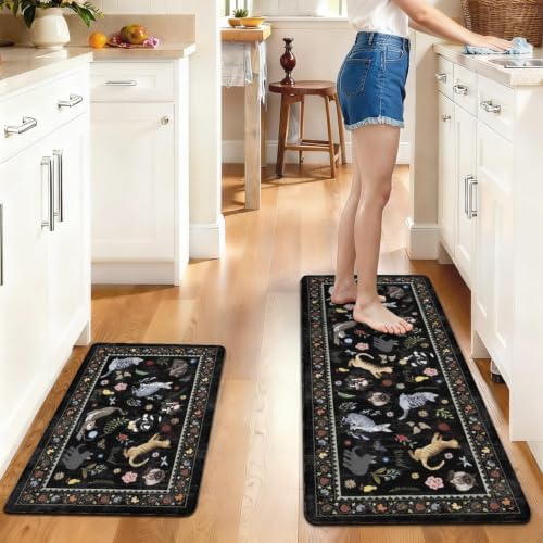 Ghost Black Cat Halloween Kitchen Rugs and Mats Set of 2, (17"x47"+17"x30") Gothic Cute Spooky Season Pumpkin Trick Or Treat Non Skid Washable Runner Rugs for Home Decor Decorations and Accessories