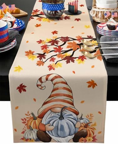 Fall Table Runner Fall Gnome Table Runners Harvest Thanksgiving Maple Leaves Blue Pumpkin Cotton Linen Dresser Scarf Kitchen Dining Table Decor for Autumn Holiday Party Coffee 13x108 Inch