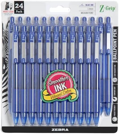 Zebra Pen Z-Grip Retractable Ballpoint Pen, Blue Ink, 1.0mm, 24 Bulk-Pack