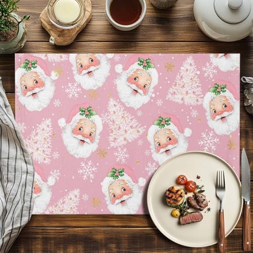 Pink Christmas Placemats Set of 4, Santa Claus Merry Christmas Tree Heat Resistant Washable Table Place Mats Winter Snowflake Cotton Table Linens Party Holiday Decor for Kitchen Dining Outdoor Indoor