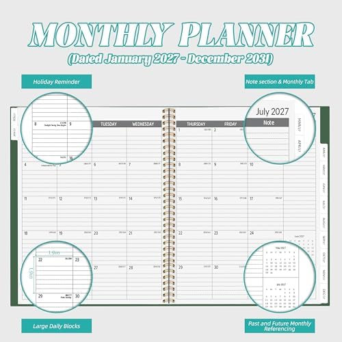2027-2031 Monthly Planner, 5 Year Monthly Planner/Calendar 2027-2031, 60-Month Jan 2027 – Dec 2031, 9" x 11", Tabs, Double-Side Pocket, Holidays, Thick Paper - Dark Green