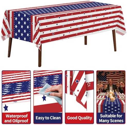 CXPSINC 54 Inch X 100 Feet 4th of July Patriotic Plastic Table Cover Roll Disposable American Flag Tablecloth with Slide Cutter for Veterans Day, Patriotic, Memorial, Fourth of July, Independence
