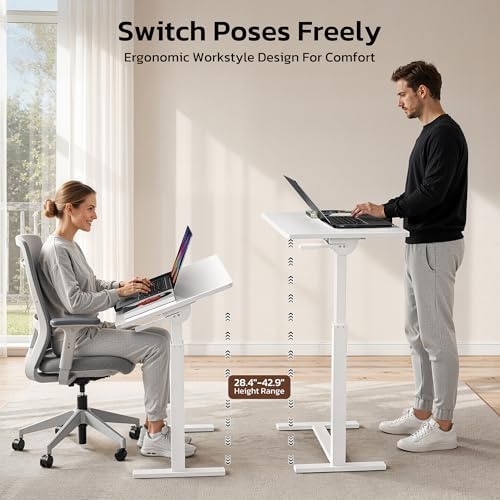 Mobile Standing Desk Adjustable Overbed Table, Pneumatic Height Adjustable Rolling Laptop Desk with Hidden Wheels, 0-180°Tilt Top Rolling Computer Cart Foldable for Home Office, Craft & Study, White