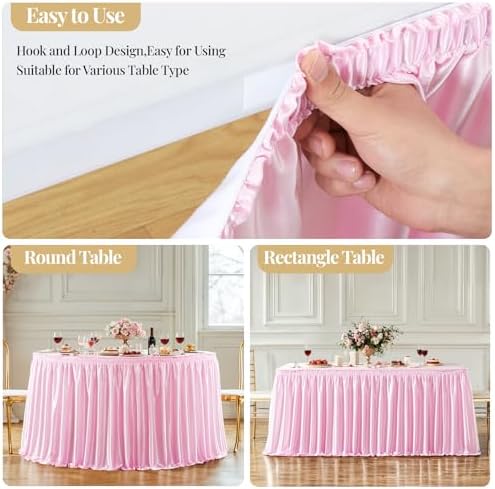 Wish Care 14ft Pink Satin Table Skirt for Rectangle Tables Wrinkle Free Teacher Desk Skirt Glitter Ruffle Table Skirting Cloth for Back to School Classroom Office Dorm Girls Birthday Party Table Decor