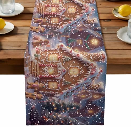 Christmas Table Runner Dresser Scarf 13 x 72 Inch Gingerbread Man House Candy Winter Night Snow Scene Table Runners Non-Slip Heat Resistant Kitchen Dining Table Decor for Home Holidays Indoor Outdoor
