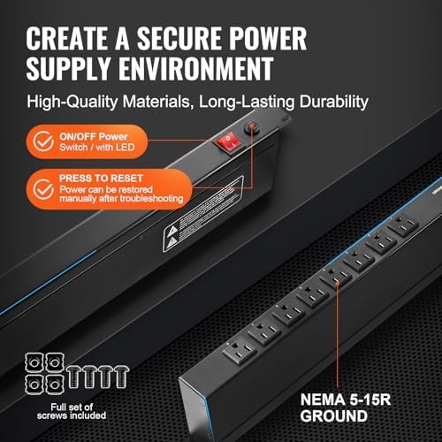 VEVOR 8 Outlet Horizontal 1U Rack Mount PDU Power Strip for Network Server Racks, Surge Protection & Overload Protection, 110-125V/15A, with 6ft 14AWG Power Cord