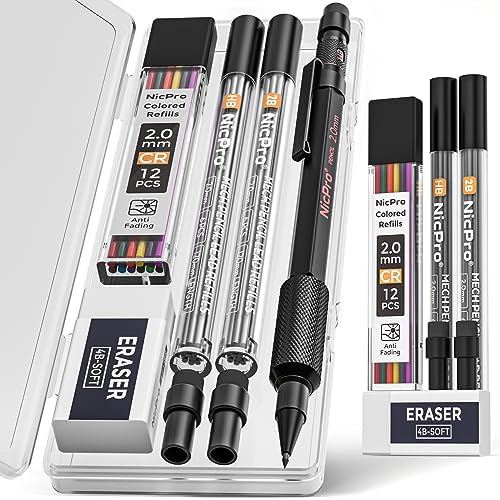 Nicpro 2mm Mechanical Pencils Set with Case, MP2000 Metal Drafting Pencil
