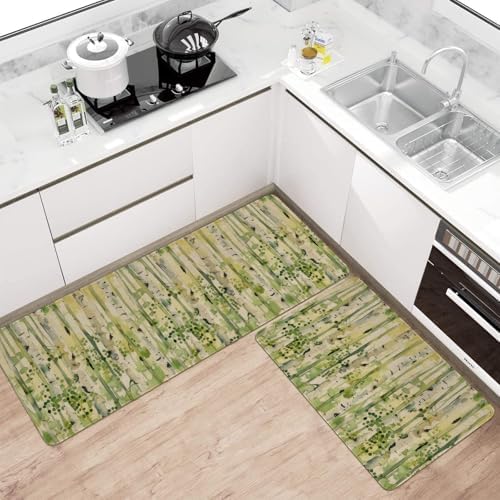 Spring Summer Farmhouse Kitchen Rugs and Mats Set of 2,Green Watercolor Birch Trees Enchanted Forest Non Slip Washable Floor Sink Mats Decorations for Home Kitchen 18"x48"+18"x30"