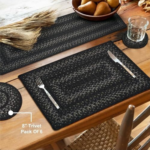 Homespice Jet Black Braided Trivets Ideal as Pot Holders, Round 8" Set of 6