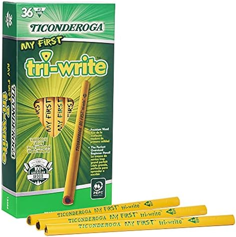 Ticonderoga My First Tri-Write Pencils without Eraser, Primary Size Wood-Cased #2 HB Soft, Yellow (13084) (Pack of 6, 216 Count Total)