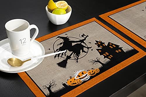 Vandarllin Halloween Fun Placemats Set of 6, Haunted House Witches Cat Pumpkins Cotton Linen Stain Resistant Table Mats Washable Placemat Decoration for Kitchen Dining Table,Scary Movie Nights