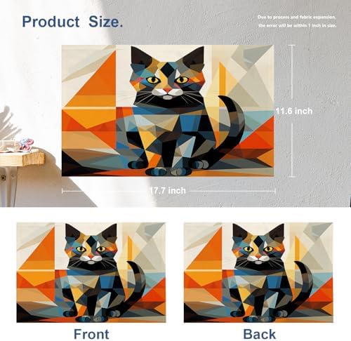 Batmerry Geometric Cat Linen Placemats Set of 4, Colorful Triangular Art Washable Table Mats for Kitchen Table Thickened Heat Insulation Dining Set Indoor Outdoor 12X18 in