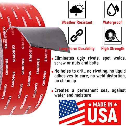 CANOPUS Double Sided Tape, 5952 Heavy Duty Mounting Tape, Strong Bond & Weatherproof Seal Strip for Automotive Mounting, Picture and Photo Frame, Poster, Craft, 2 in x 15 ft, Black, Made in USA
