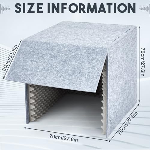 Pushglossy 28 x 28 x 28 Inch Desktop Soundproof Cover Portable Vocal Recording Booth Vocal Absorbing Shield Microphone Isolation Booth Cube for Sound Clearer Home Music Studio Podcasts Recording, Grey
