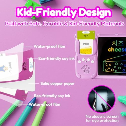Writing Tablet with Bilingual Flash Cards for Kids, Korean, Pink