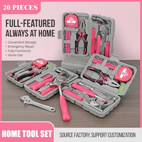 20 Pcs Home Tool Set, Basics Household Tool Kit with Small Mini Carrying Box for Men and Women DIY (Pink)