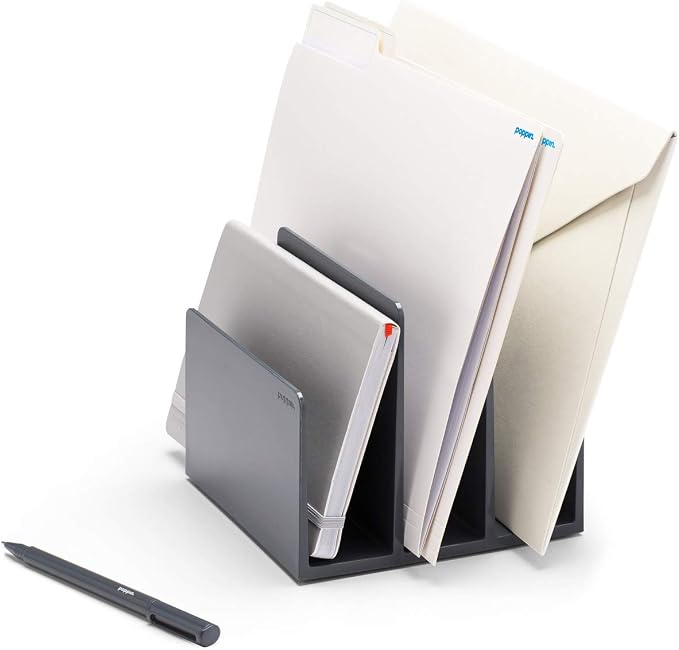 Poppin Fin File Sorter - 3-Compartment File Organizer, Sturdy and Durable Document Organizer, Sleek Design with Lacquer-like Finish, File Folder Organizer for Desk (Dark Gray)