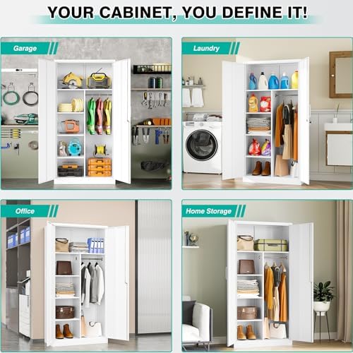 White Wardrobe Cabinet with Lock and Hanging Rod,72" Armoire Closet with Shelf,Lockable Storage Locker,Metal Storage Cabinet with Locking Doors,Steel Wardrobe for Home,Bedroom,Office,Employee,Shop