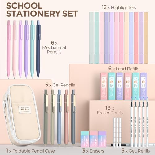 Nicpro School Supplies Stationary Set with Pencil Case, 39 PCS Cream | Back to Schoo Supplies, Pen Case with 12 Highlighter, 5 Gel Pen, 6 Mechanical Pencil, Essentials for College, Nursing Student