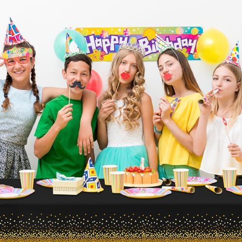 CXPSINC 54 Inch X 300 Feet Plastic Table Cover Roll Disposable Tablecloth with Slide Cutter for All Type/Shape Tables | Party, Banquet, Birthdays, Weddings(Black & Gold Dot, 300 Feet)