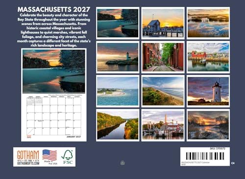 Massachusetts Calendar 2027 MA Monthly Wall Calender 12 Month